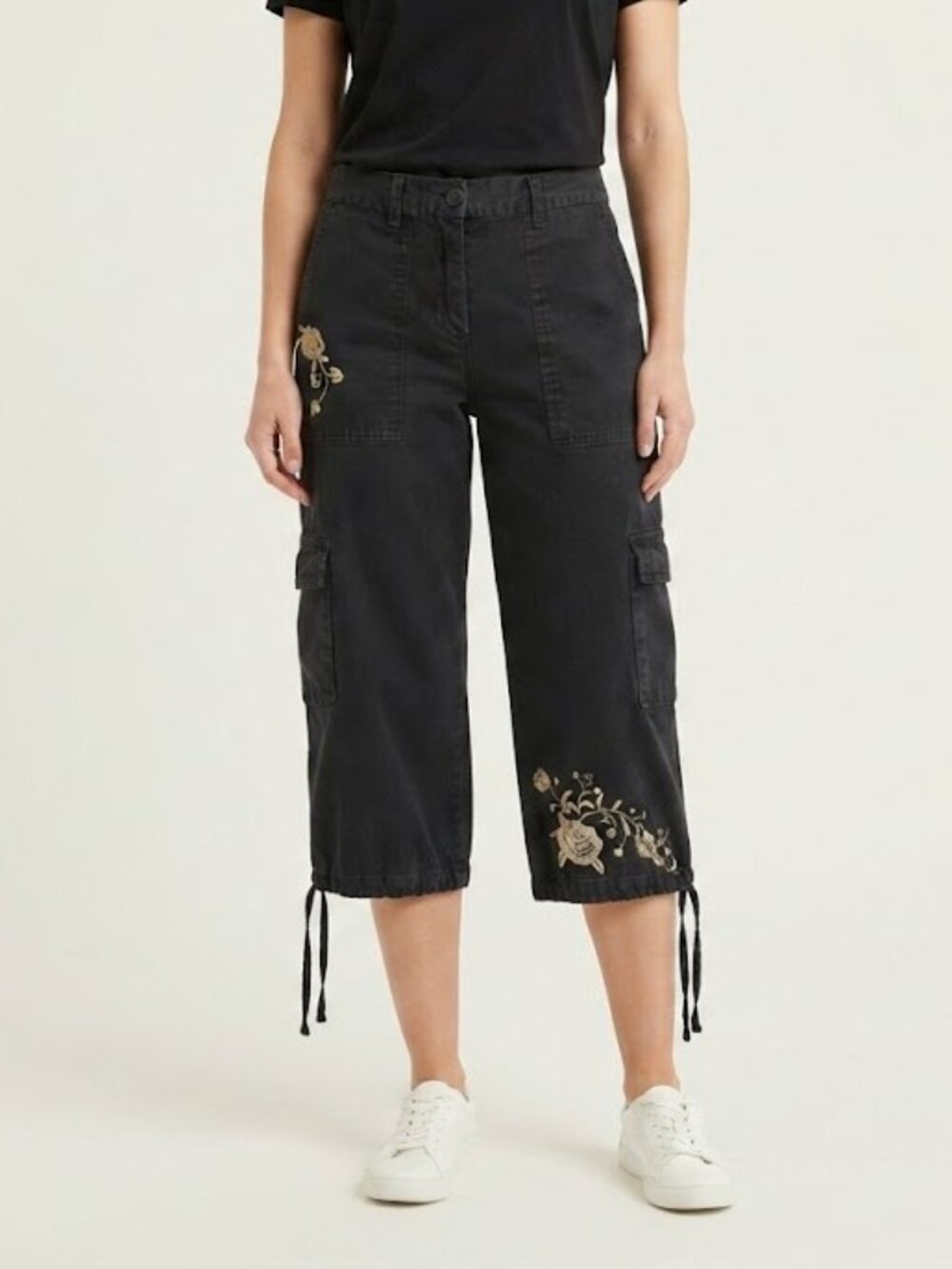 Black Embroidered Cargo Capri Jeans